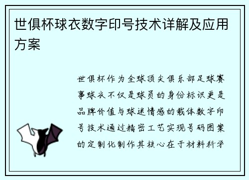 世俱杯球衣数字印号技术详解及应用方案